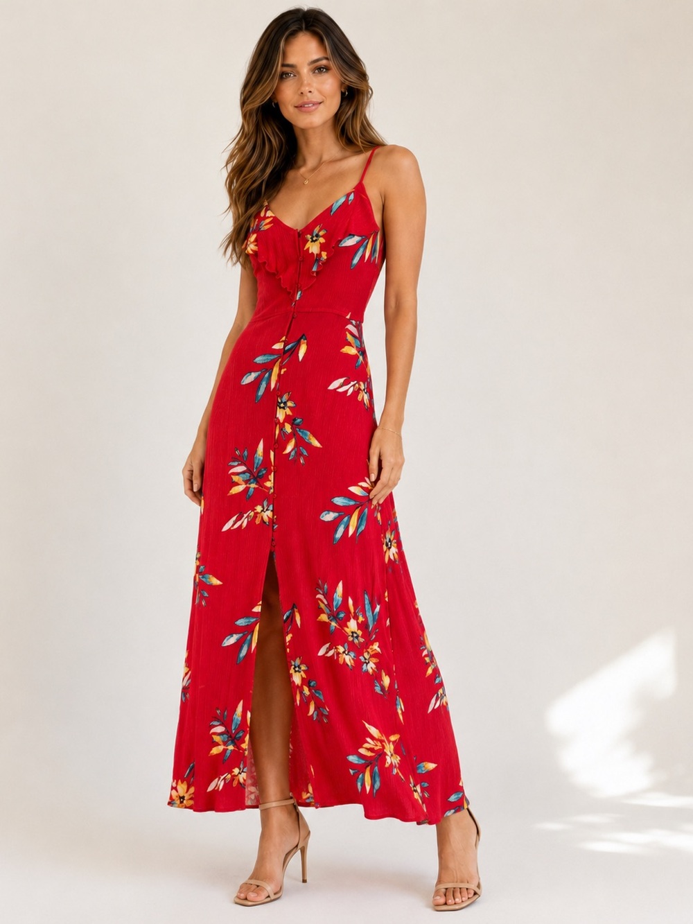 Express Red Tropical Floral Maxi Dress Size Small Ruffle V Neck Front Slit